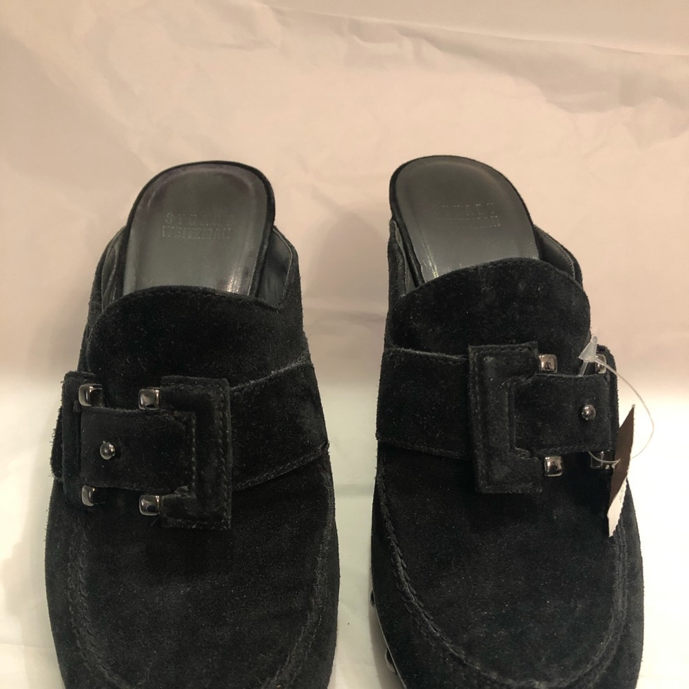 Stuart Weizmann Studded Buckle Suede Mules